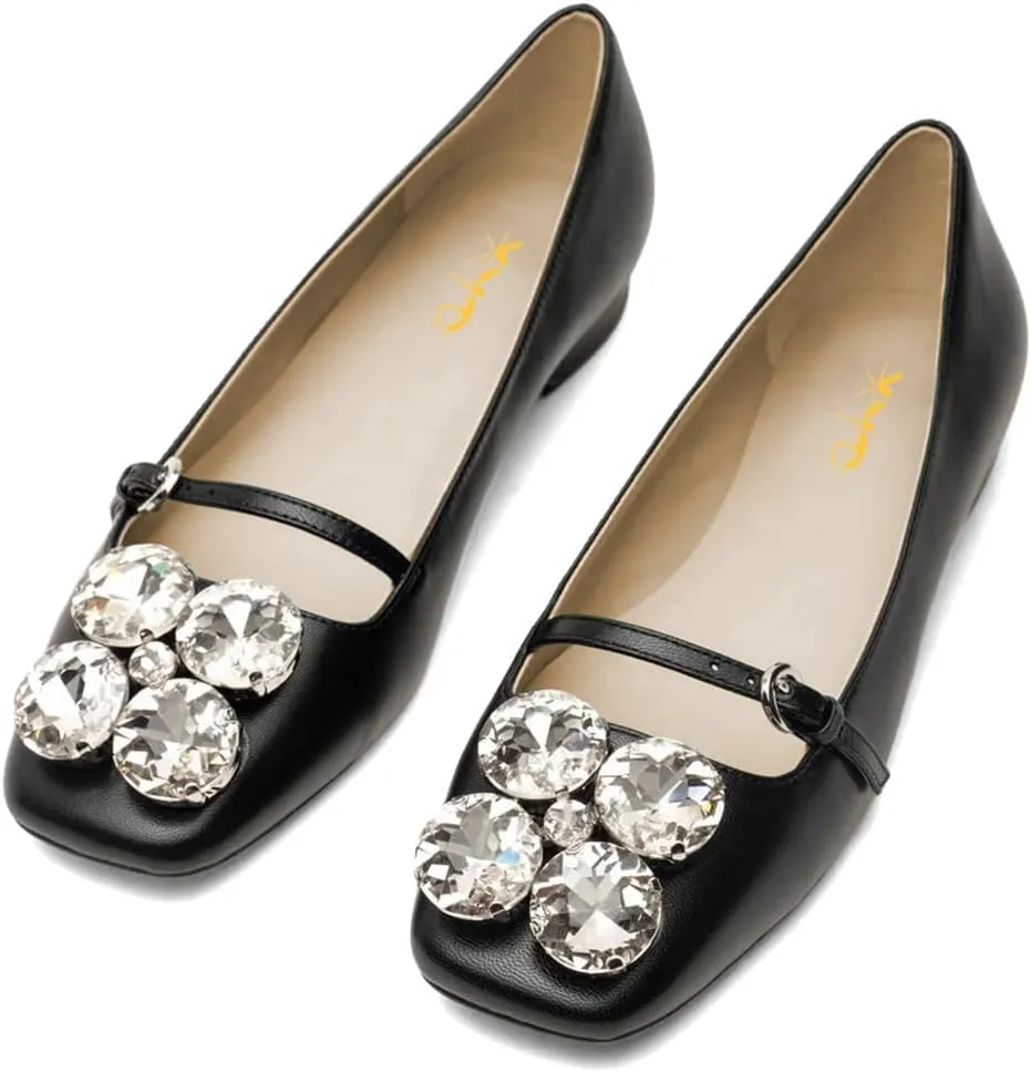 XYD Women Square Toe Mary Jane Flats Dazzled Rhinestones Crystals Buckled Slender Strap Casual Dressy Shoes