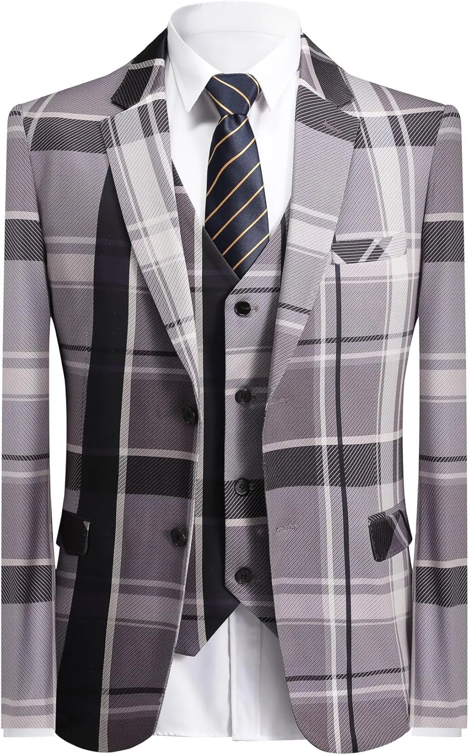 YFFUSHI Men's Plaid Tweed 3 Piece Suit Slim Fit Button Dinner Suit Tuxedo