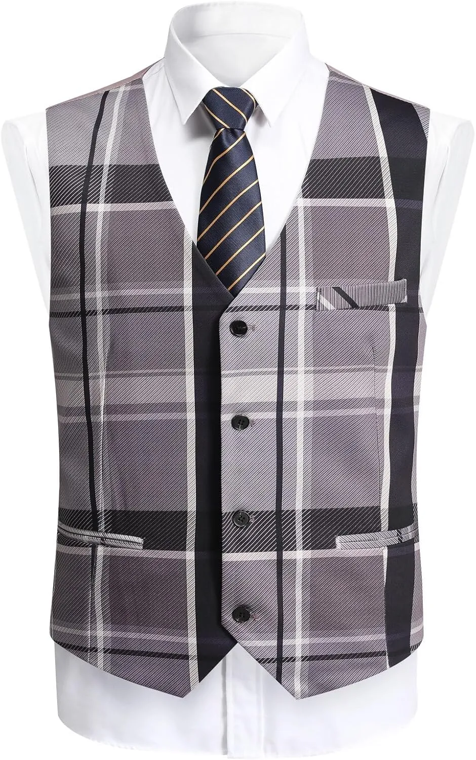 YFFUSHI Men's Plaid Tweed 3 Piece Suit Slim Fit Button Dinner Suit Tuxedo