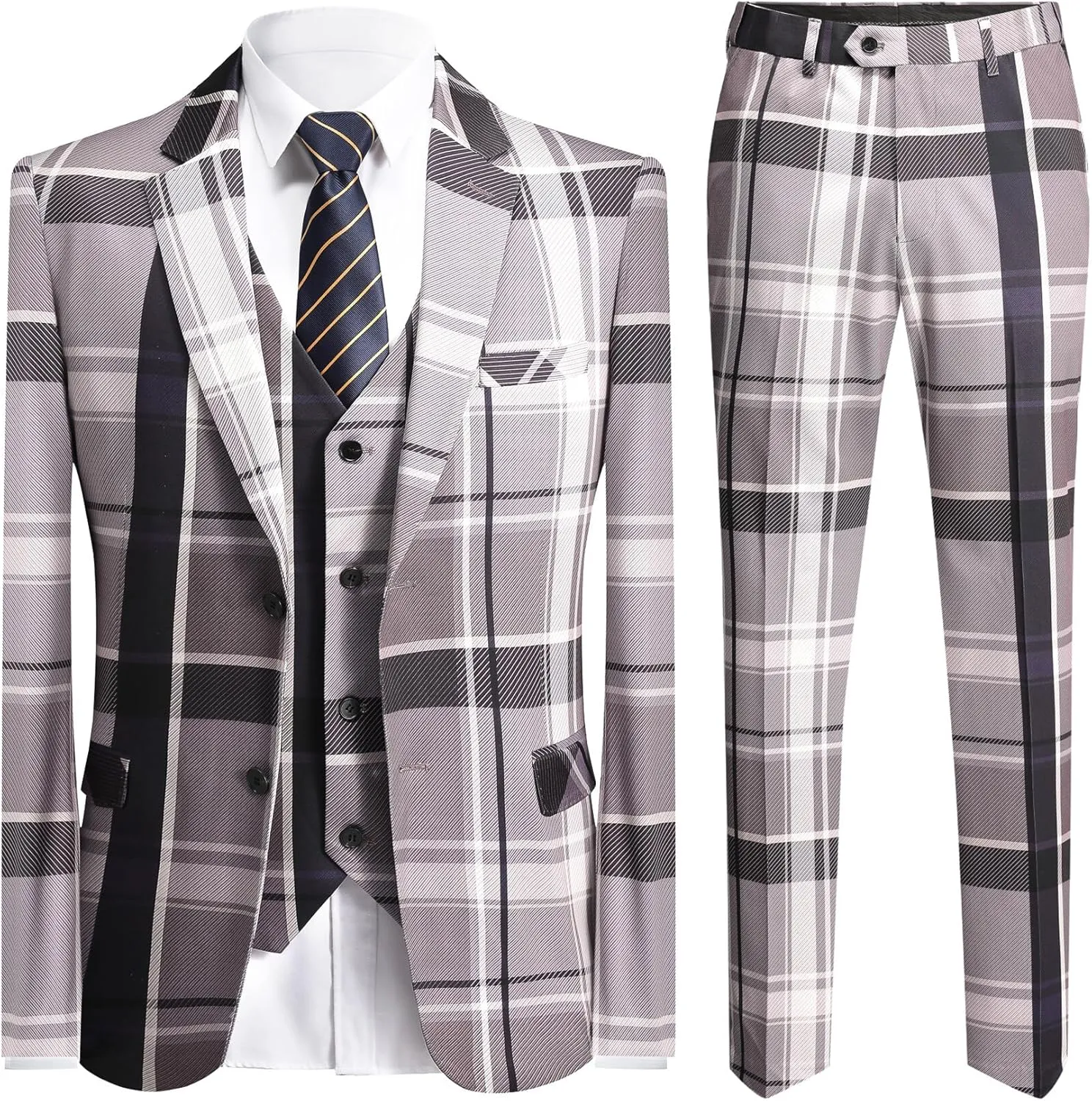 YFFUSHI Men's Plaid Tweed 3 Piece Suit Slim Fit Button Dinner Suit Tuxedo
