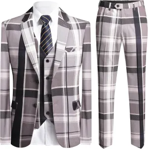 YFFUSHI Men's Plaid Tweed 3 Piece Suit Slim Fit Button Dinner Suit Tuxedo