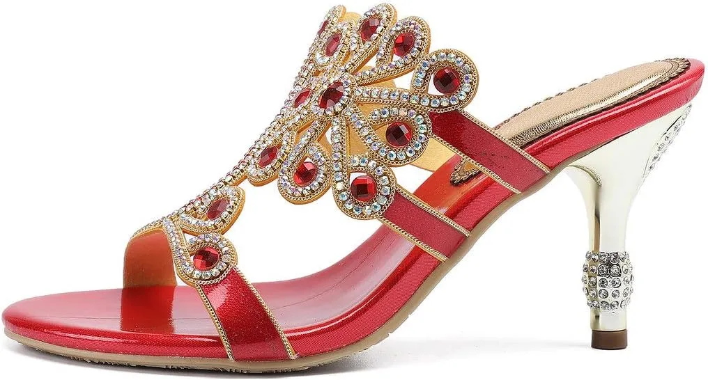 YooPrettyz Women Flowers Cutout Sandal High Heels Rhinestone Wedding Dress Shoes