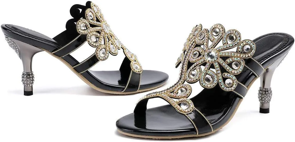 YooPrettyz Women Flowers Cutout Sandal High Heels Rhinestone Wedding Dress Shoes