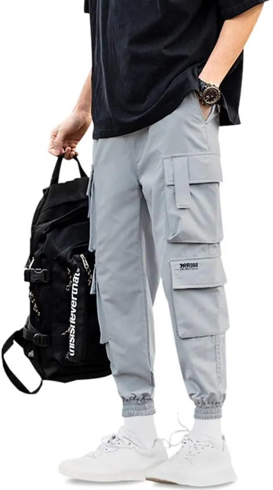 ZAFUL Men's Side Multi Flap Pockets Mid Waist Drawstring Cargo Jogger Pants Beam Feet Pants