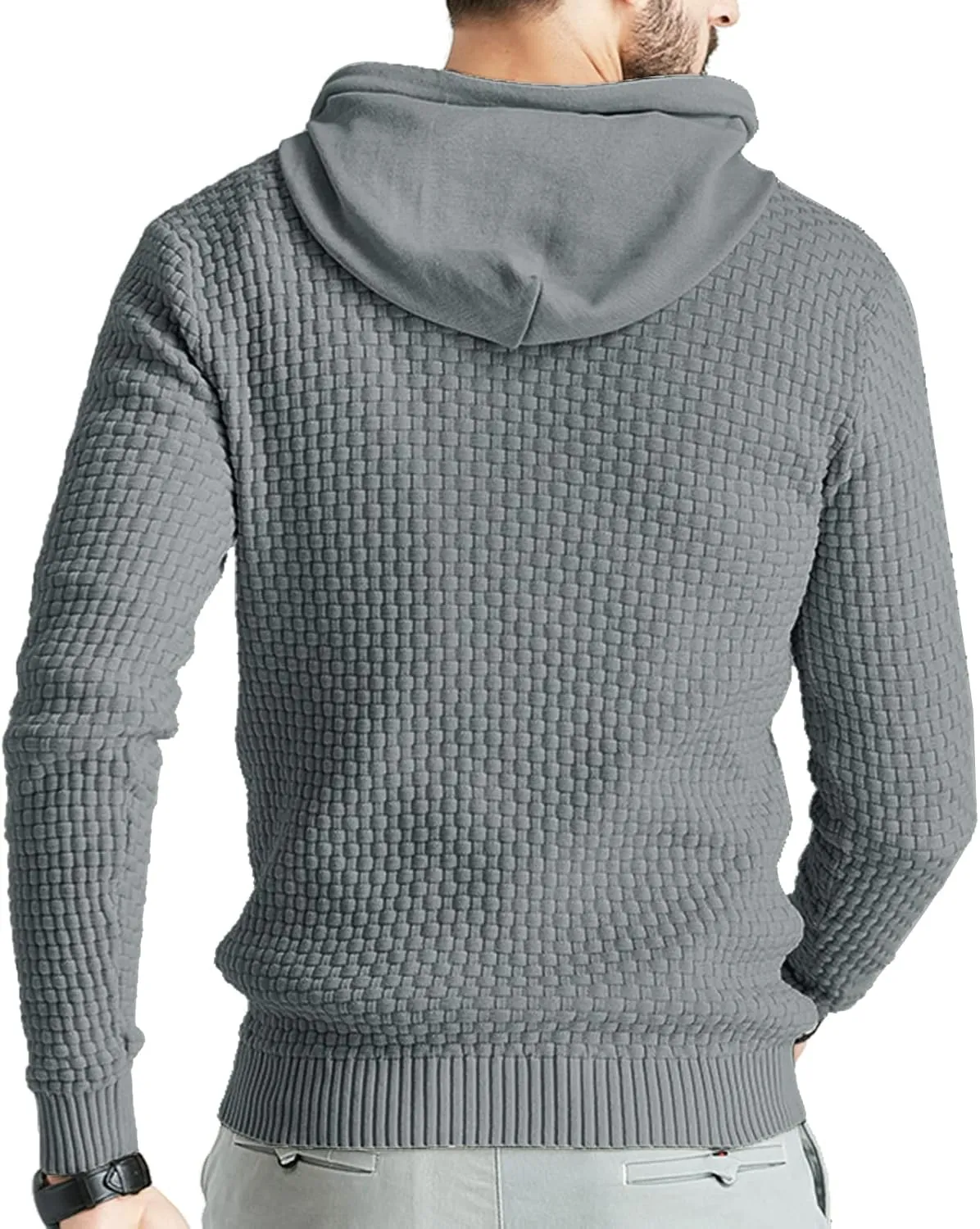 Zaitun Mens Hooded Sweatshirt Long Sleeve Solid Knitted Hoodie Pullover Sweater