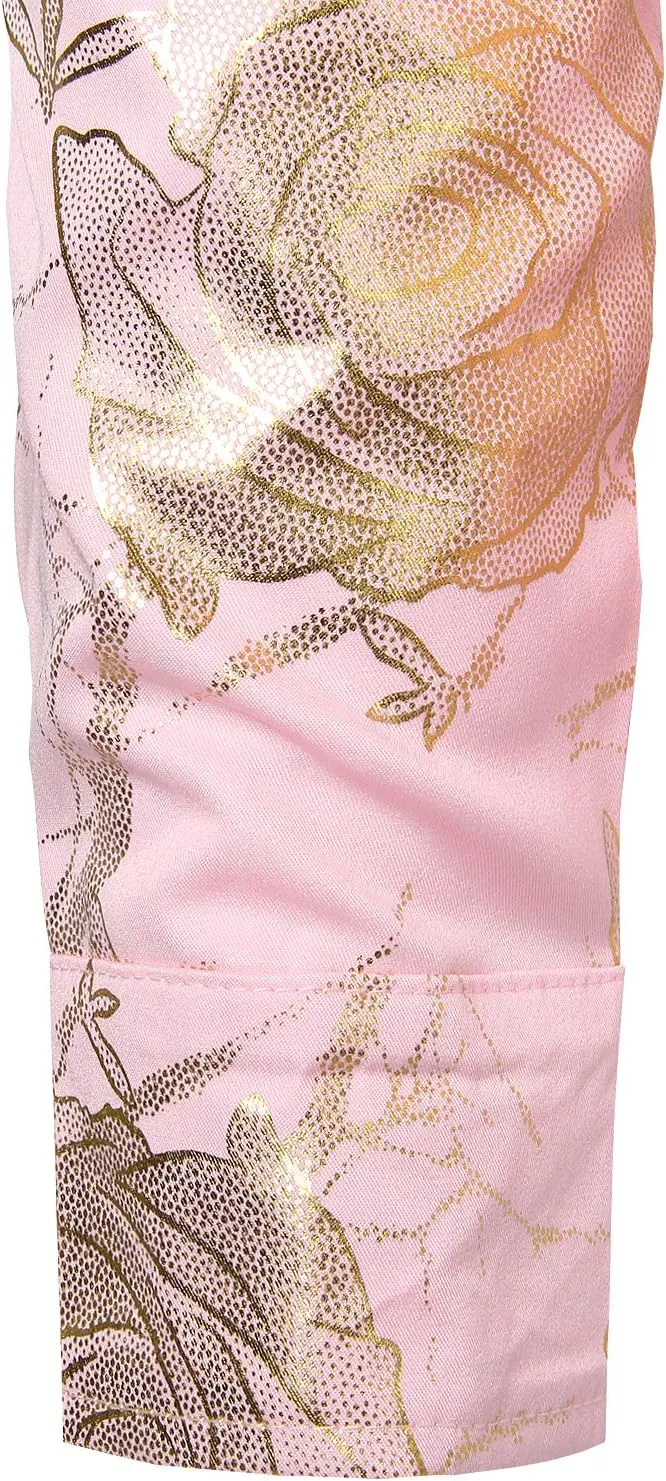 ZEROYAA Mens Hipster 3D Golden Rose Floral Printed Slim Fit Long Sleeve Button Down Dress Shirts