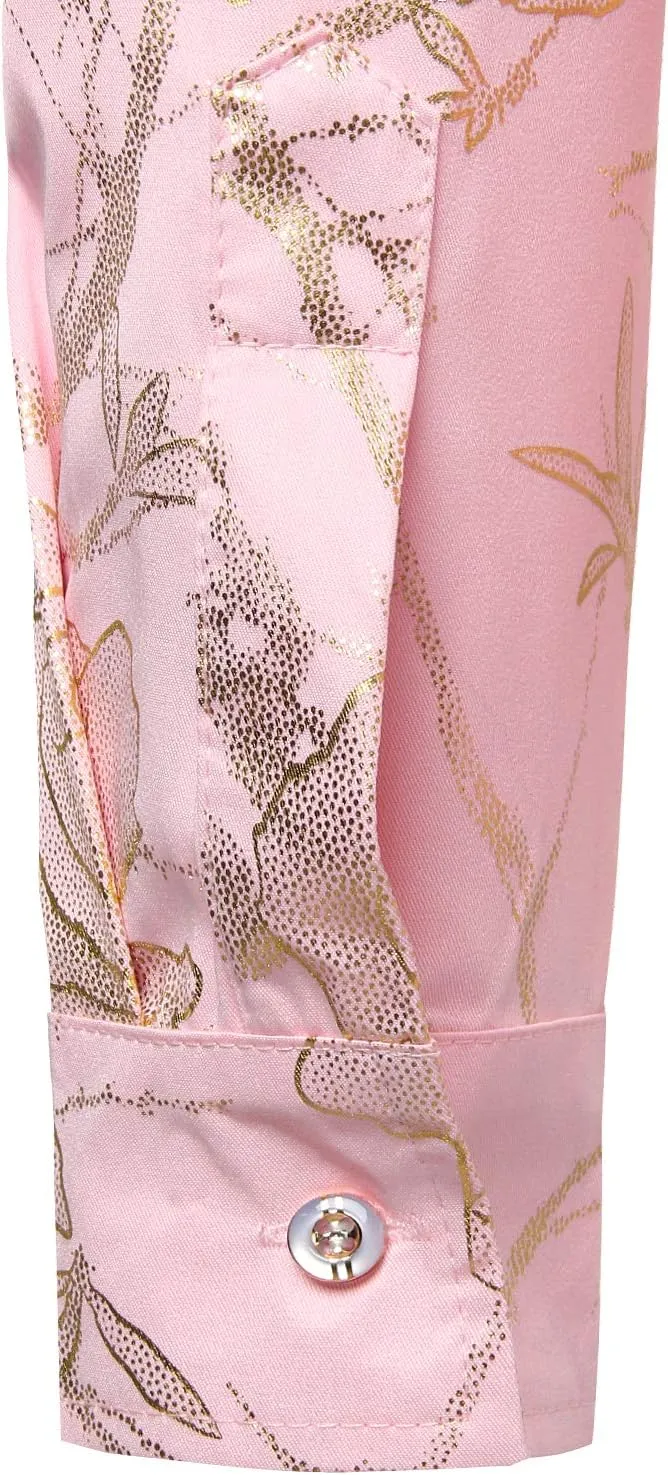 ZEROYAA Mens Hipster 3D Golden Rose Floral Printed Slim Fit Long Sleeve Button Down Dress Shirts