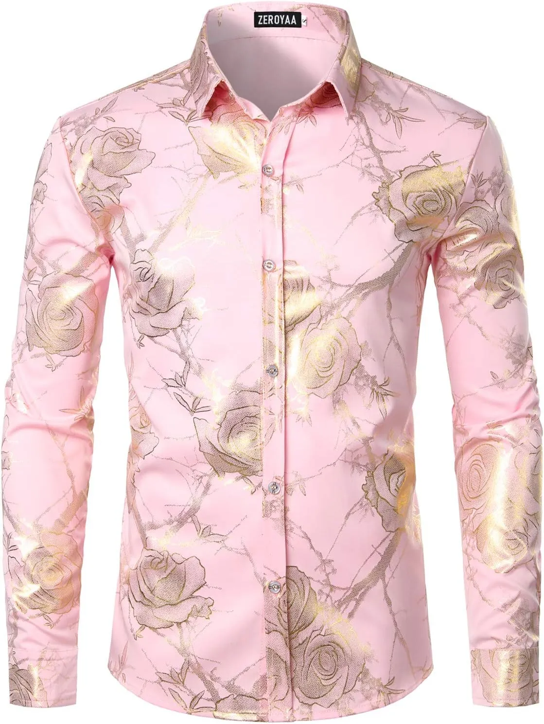 ZEROYAA Mens Hipster 3D Golden Rose Floral Printed Slim Fit Long Sleeve Button Down Dress Shirts