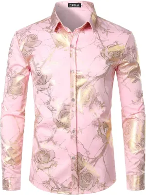 ZEROYAA Mens Hipster 3D Golden Rose Floral Printed Slim Fit Long Sleeve Button Down Dress Shirts