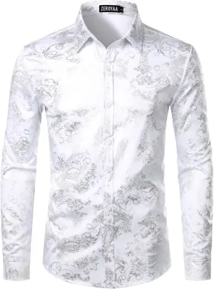 ZEROYAA Men's Luxury Paisley Dress Shirt Shiny Floral Printed Button Down Shirts for Party Prom
