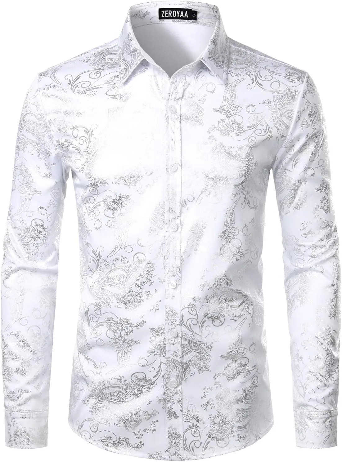 ZEROYAA Men's Luxury Paisley Dress Shirt Shiny Floral Printed Button Down Shirts for Party Prom